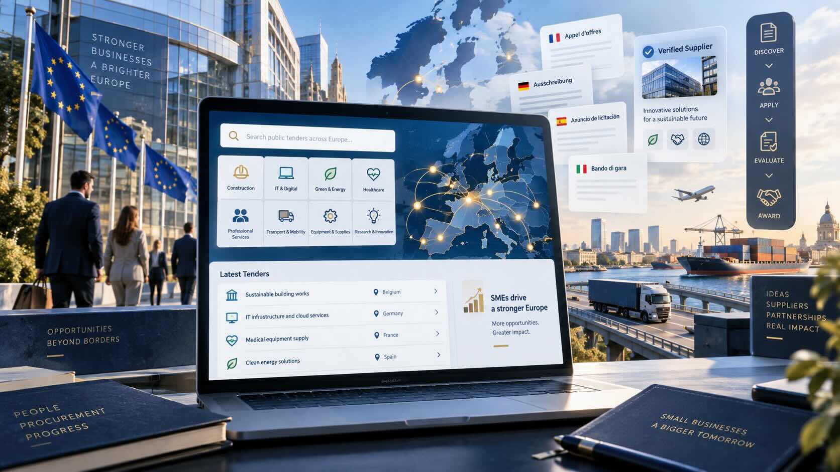 Bredt, professionelt illustreret billede af en ny europæisk digital udbudsplatform. I midten ses en laptop med et dashboard for offentlige udbud på tværs af Europa, herunder søgefelt, kategorier og et kort over Europa med forbindelser mellem lande. Rundt om skærmen ses EU-flag, forretningsfolk, flersprogede udbudskort, logistik, containerskib, lastbil og fly. Billedet symboliserer nye muligheder for danske og europæiske SMV’er i offentlige indkøb på tværs af EU.
